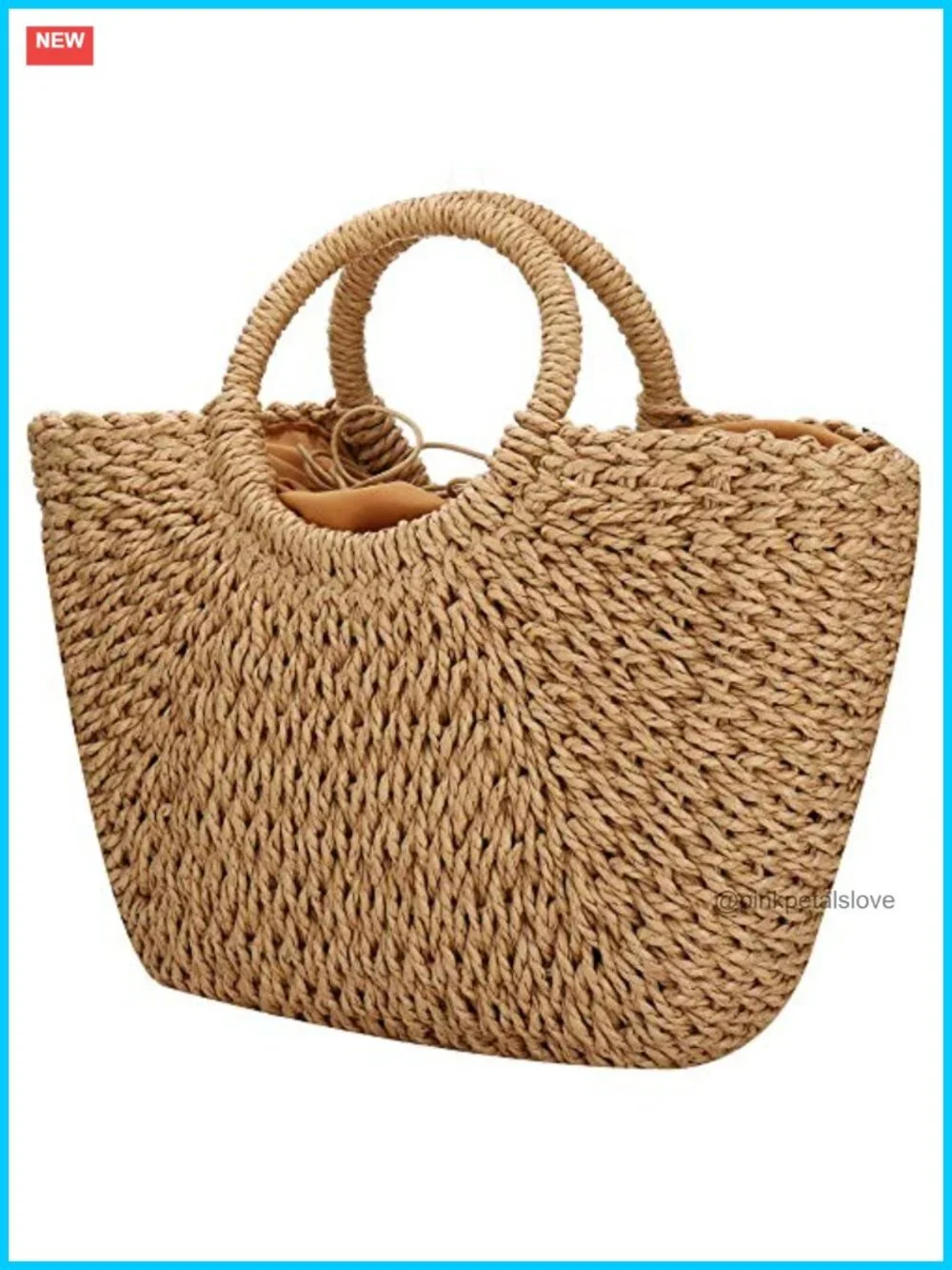 Natural Straw Handwoven Hobo Beach Bag with Drawstring Closure